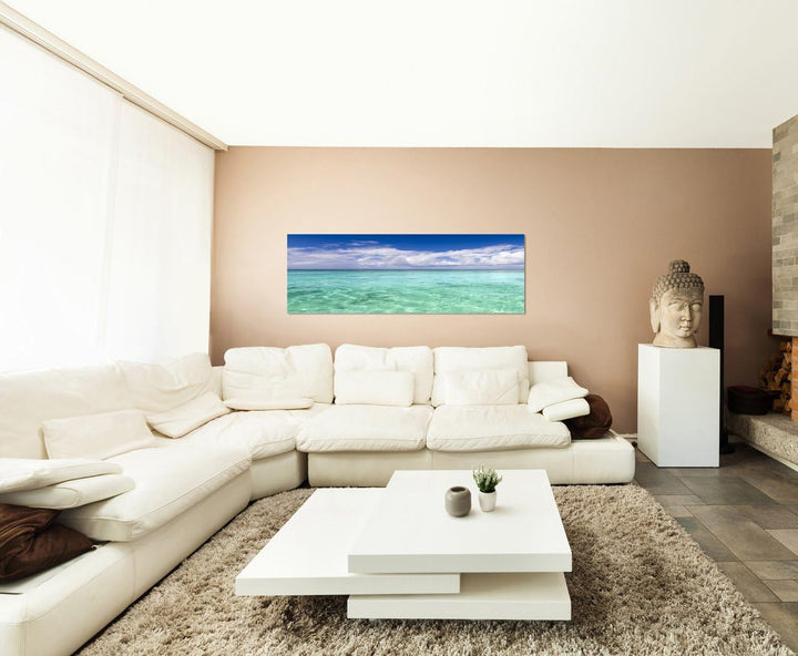 Paul Sinus Art Panoramabild auf Leinwand und Keilrahmen 150x50cm Strand Meer Lagune Wolken Horizont