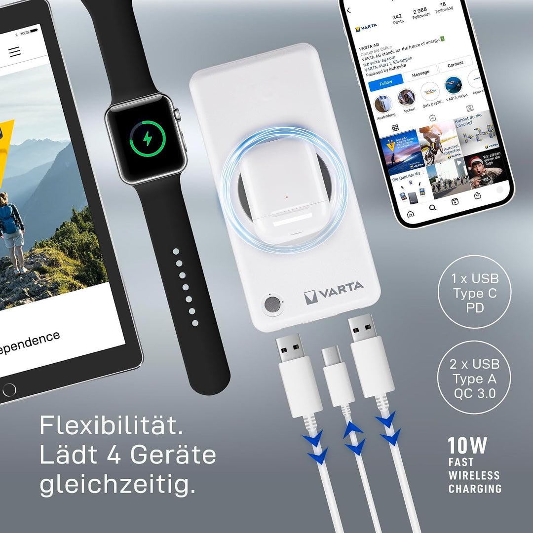 VARTA 2 in 1 Power Bank und Wireless Charger, kabelloses Ladegerät, Powerbank 10000mAh, Qi Ladestati