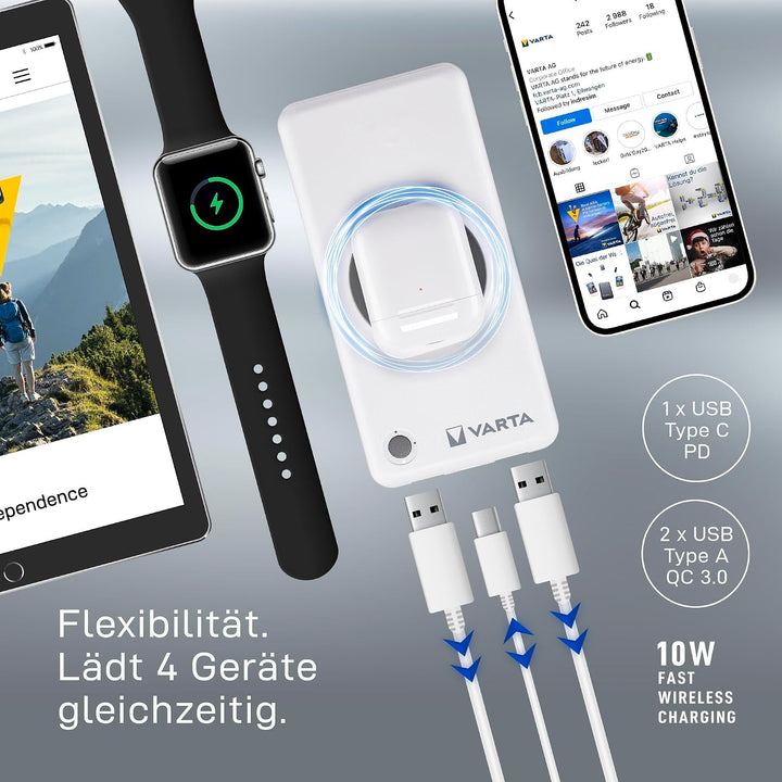 VARTA 2 in 1 Power Bank und Wireless Charger, kabelloses Ladegerät, Powerbank 10000mAh, Qi Ladestati