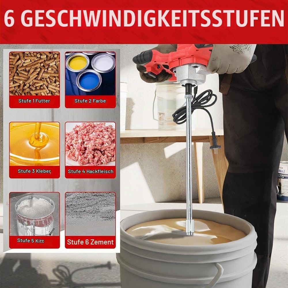 TABODD 2100W Rührwerk Mörtelrührer, 800r/ min 6 Stufen Handrührgeräte Mischer Rührer Rührgerät Mörte