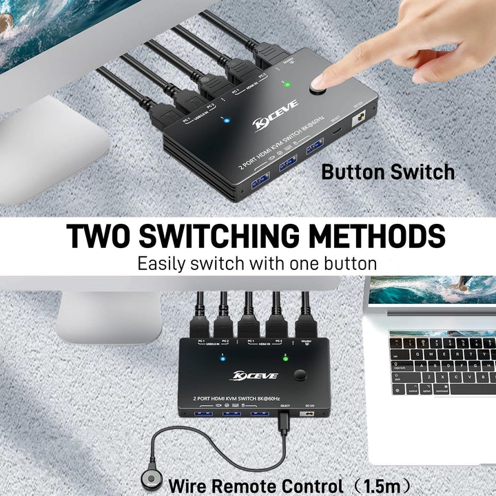 HDMI KVM Switch 2 PC 1 Monitor 4K@144Hz 8K@60Hz, 2x1 KVM Switch HDMI 2 Port für 2 Computers Share 1
