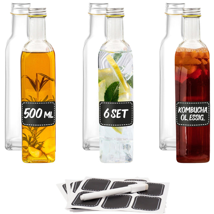 Praknu 6er Set Glasflaschen 500ml Schraubverschluss Eckig - Leere Flaschen zum Befüllen - 6 Etikette