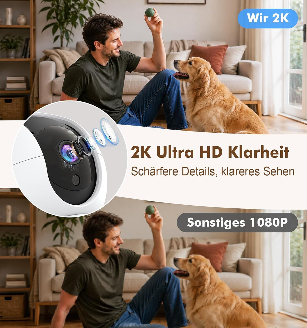 2.4/5GHz Überwachungskamera Innen WLAN mit 2K (3MP) HD Kamera Überwachung Innen PTZ– Bewegungserkenn