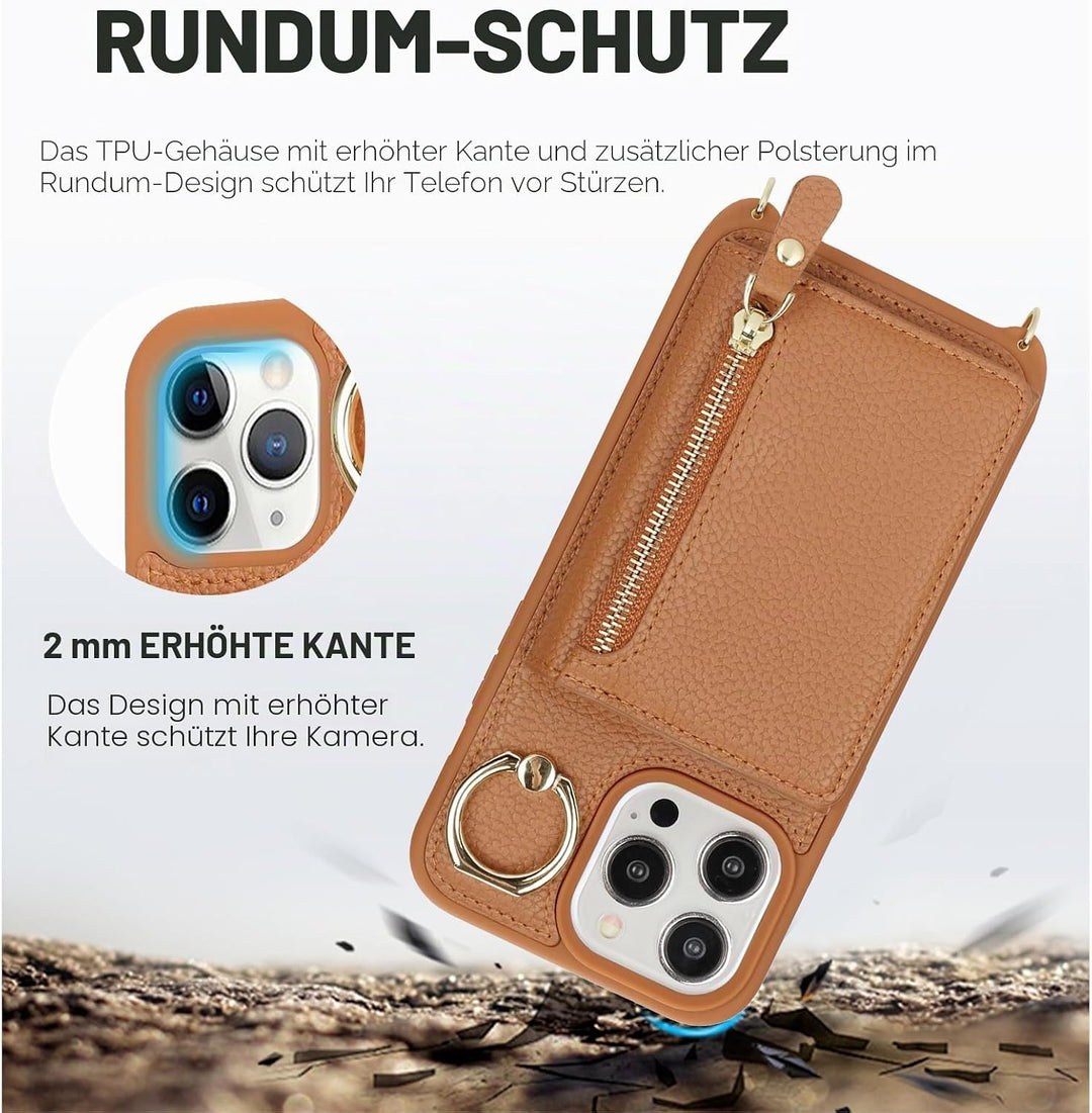 ELTEKER Handyhülle für iPhone 15 Pro Max Hülle mit Band Kartenfach Handykette Ringhalterung Geldbörs