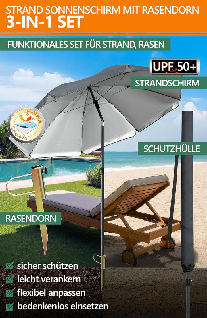 4smile SunnyJoy Sonnenschirm Strand 180 cm, Strandschirm windfest stabil in Anthrazit, inkl. Rasendo