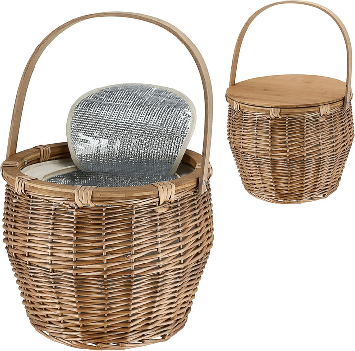 Picknickkorb mit Kühlfach│Picknicktisch Funktion │ Rattan 38x34cm Isoliertasche Holzdeckel │ Flechtk