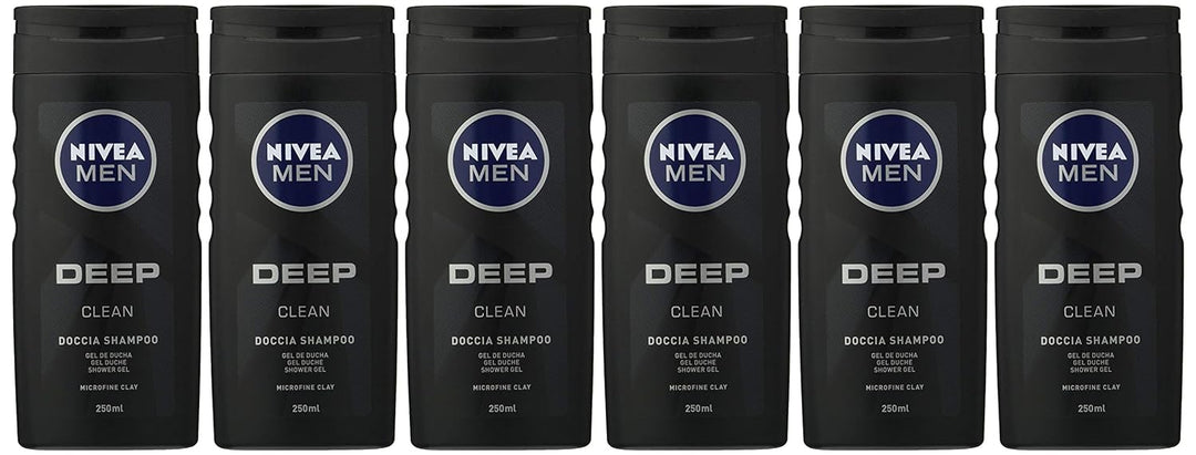 NIVEA MEN Deep Clean Dusche Shampoo im 6er Pack x 250 ml, Herren Schaumbad für Körper, Gesicht und H