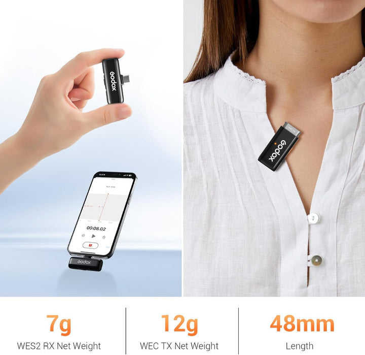 Godox WES 2 KIT2 Lavalier Mikrofon Wireless mit Rauschunterdrückung Kompatibel mit Type-C/Android, 1