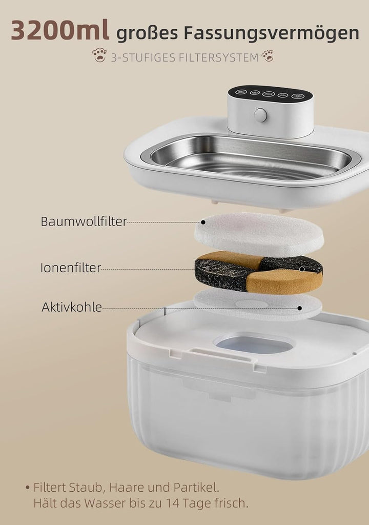 Katzenbrunnen Kabellos mit Bewegungsmelder 3.2L, 4000mAh Akku Trinkbrunnen für Katzen Edelstahl, Ult