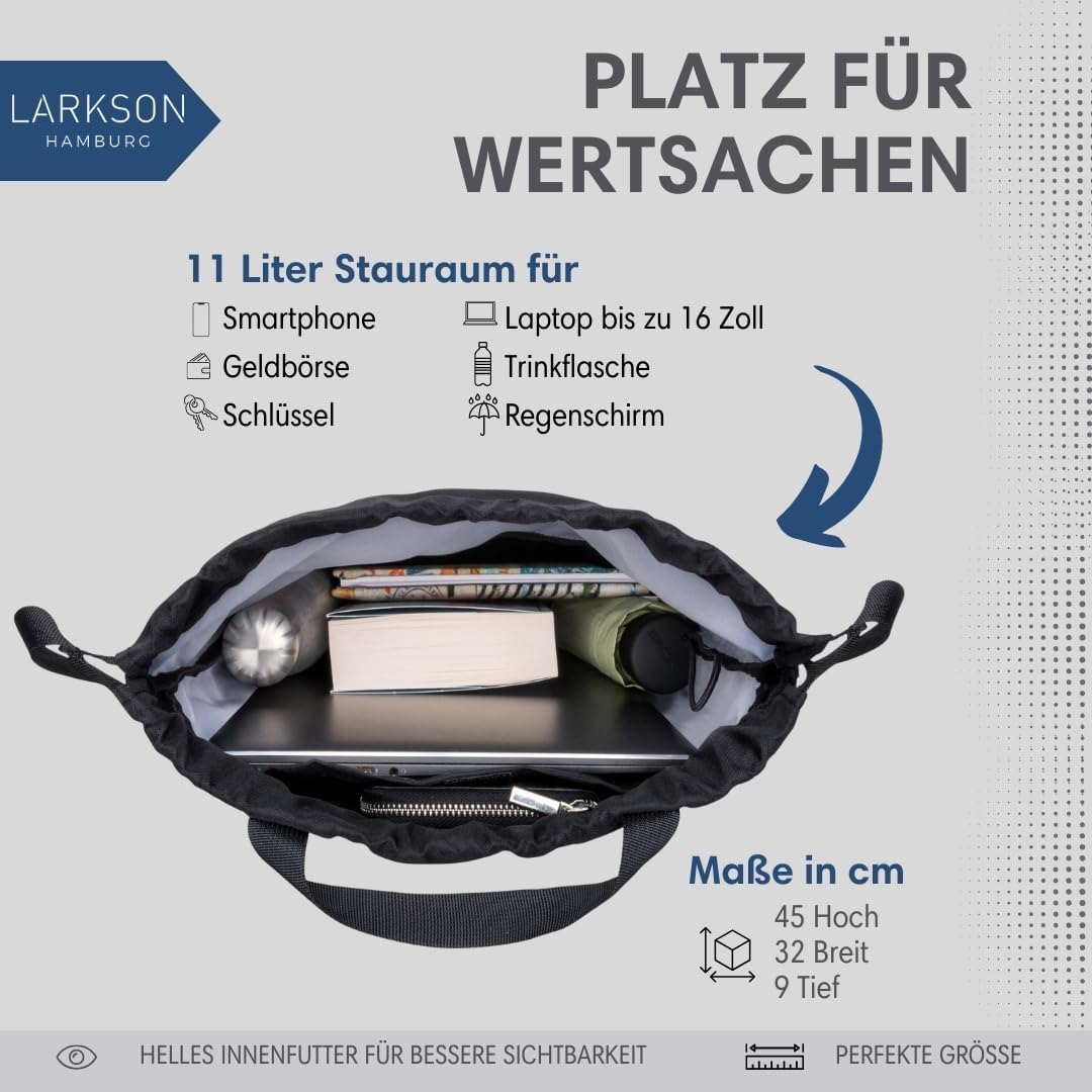 LARKSON Turnbeutel Damen &amp; Herren Schwarz - No 7 - Rucksack Damen für Sport und Festival - Beutel Ru