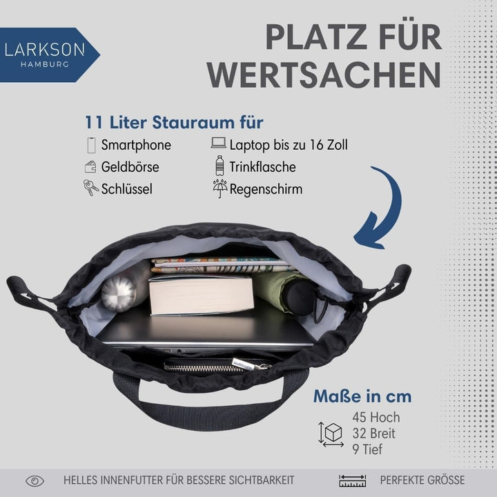 LARKSON Turnbeutel Damen &amp; Herren Schwarz - No 7 - Rucksack Damen für Sport und Festival - Beutel Ru