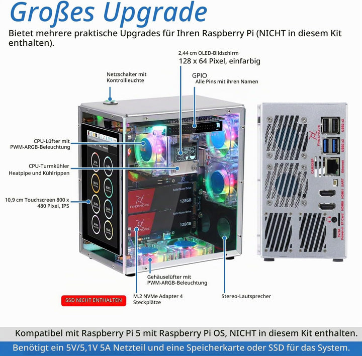 FREENOVE Raspberry Pi 5 NAS Case Kit, Quad M.2 NVMe SSD Slots, 5 PWM ARGB Fans Light Sync, CPU Tower