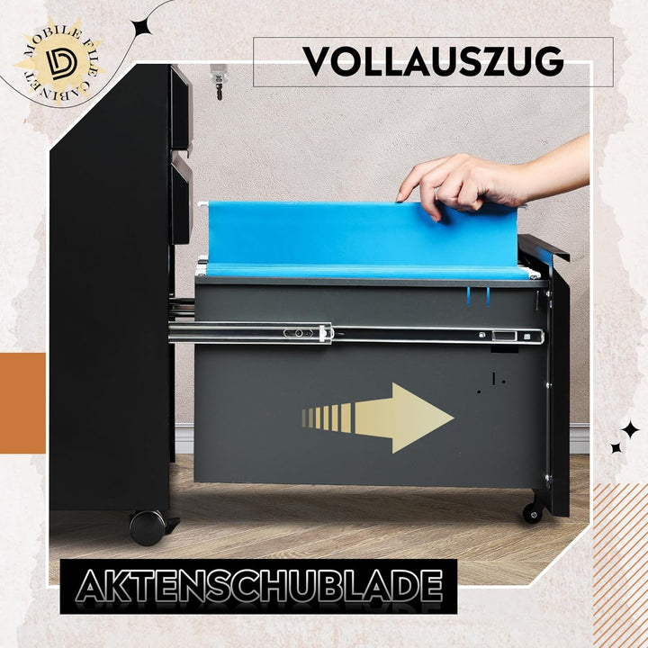 DEVAISE Rollcontainer mit 3 Schubladen, Metall Mobiler Aktenschrank mit Rollen, Druckertisch für DIN