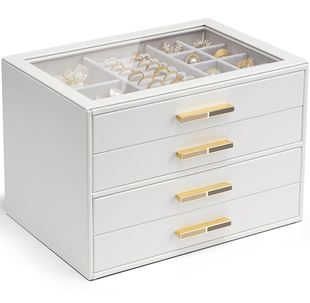 VLANDO Schmuckkästchen Gross, Schmuckkasten mit 4 Ebenen, Schmuck Organizer mit Glasdeckel, 4 Schubl