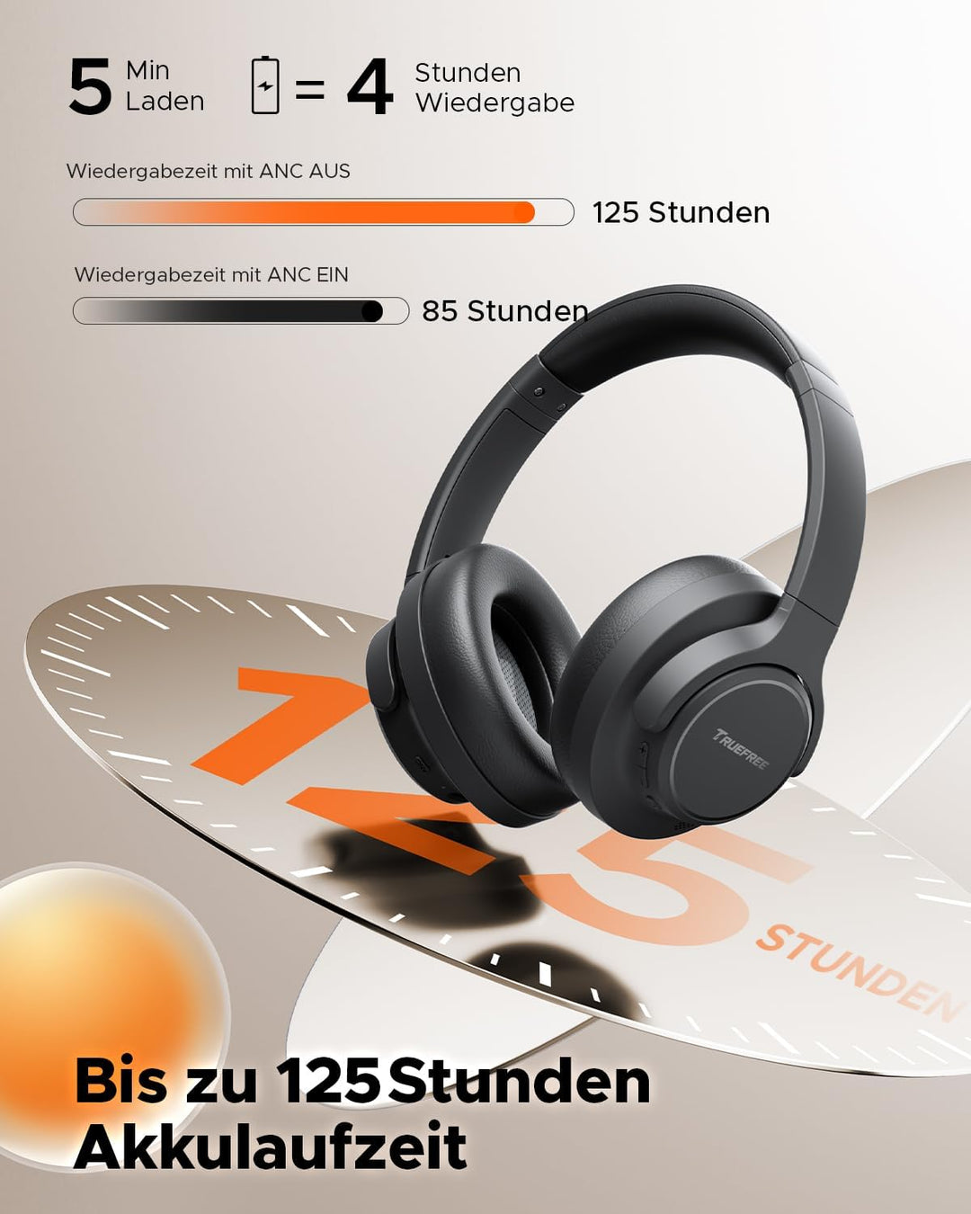 truefree HF-10 Over-Ear Bluetooth Kopfhörer mit 40mm Treiber, ANC -45dB, Raumklang, 125h Akku, AI Mi
