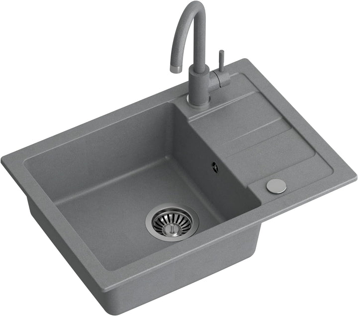 VBChome Spülbecken mit Armatur Grau 62 x 44 cm Granit Einzelbecken Einbauspüle Abtroffläche Gesprenk