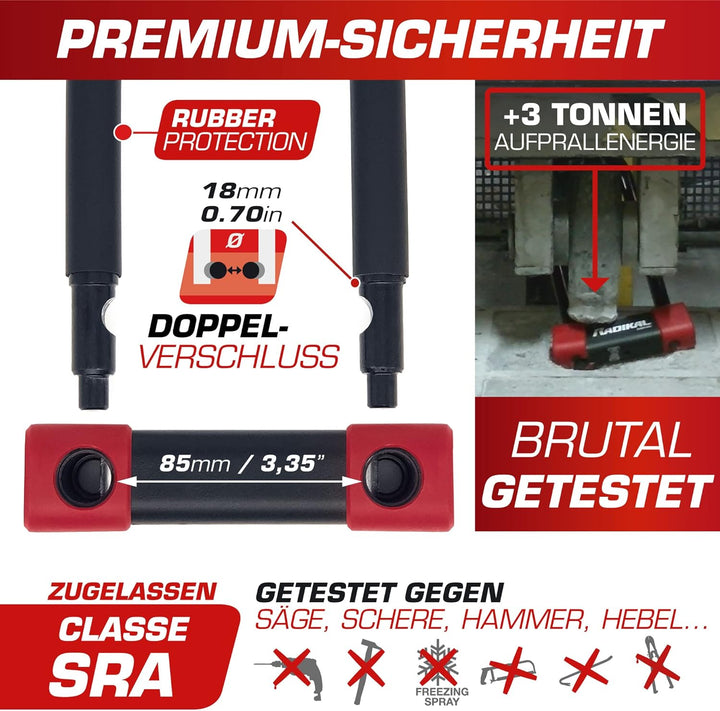 RADIKAL RK300R Bügelschloss mit CLASSE SRA Zulassung, Durchmesser 18mm 85x300, 85x300