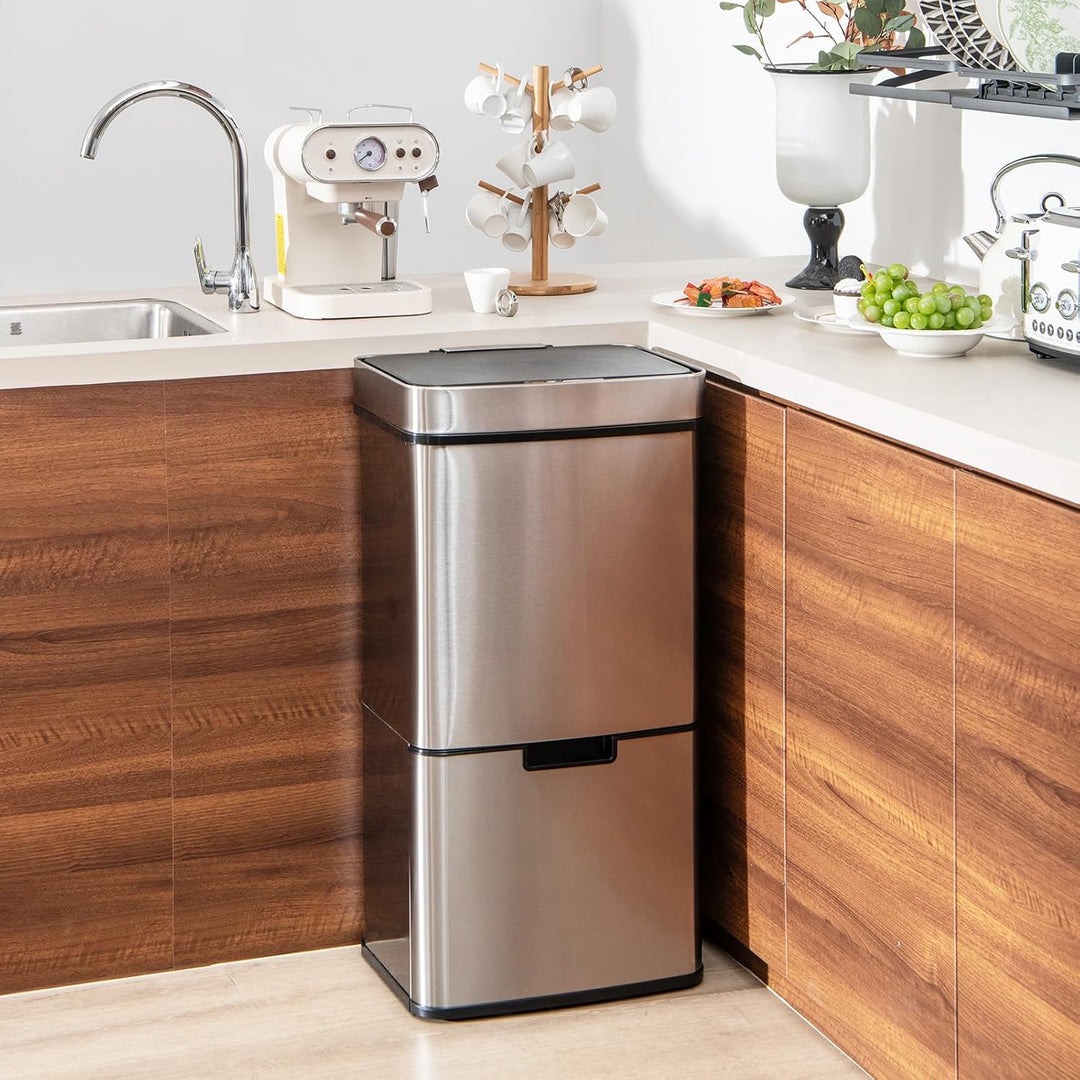 FANTASK 72L Mülleimer Küche, 4 Fächer Edelstahl Bin mit Sensor, Automatisch Abfalleimer mit Softclos
