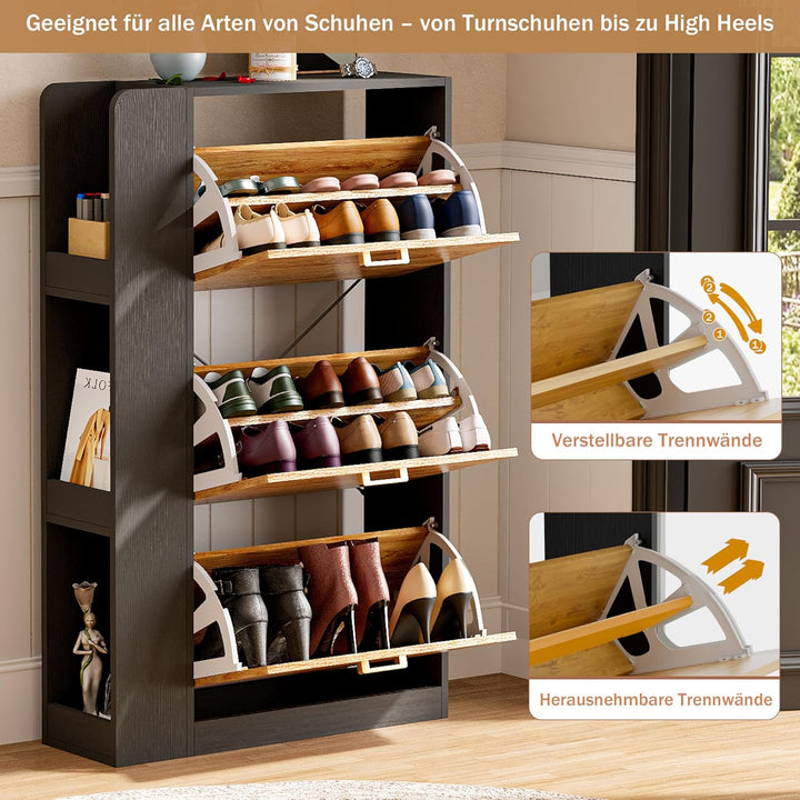 Schuhschrank mit 3 Klappen & Seitlich Offenes Gestell 3 Lagen, Schmaler Schuhaufbewahrung mit Griffe