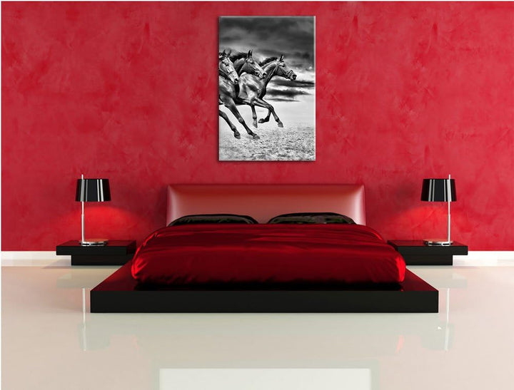 Pixxprint Monocrome, DREI Wilde Westernpferde, Format: 100x70 auf Leinwand, riesige Bilder fertig ge