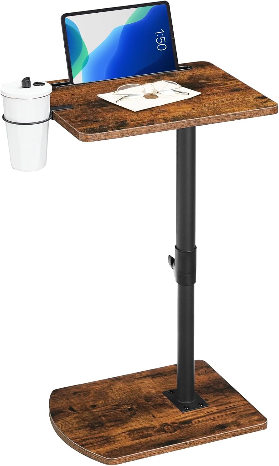 HOOBRO C-Form Beistelltisch Höhenverstellbar von 45,5-78 cm, 360° drehbarer Sofatisch mit Getränkeha