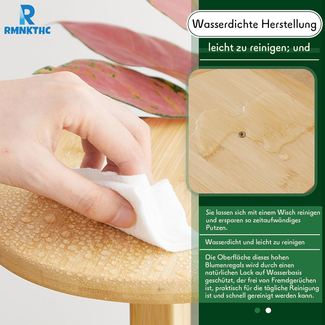 Bambus Blumenregal mit Rollen | 5-stufig 20kg Traglast | Naturmaterial wasserfest | Einfache Montage