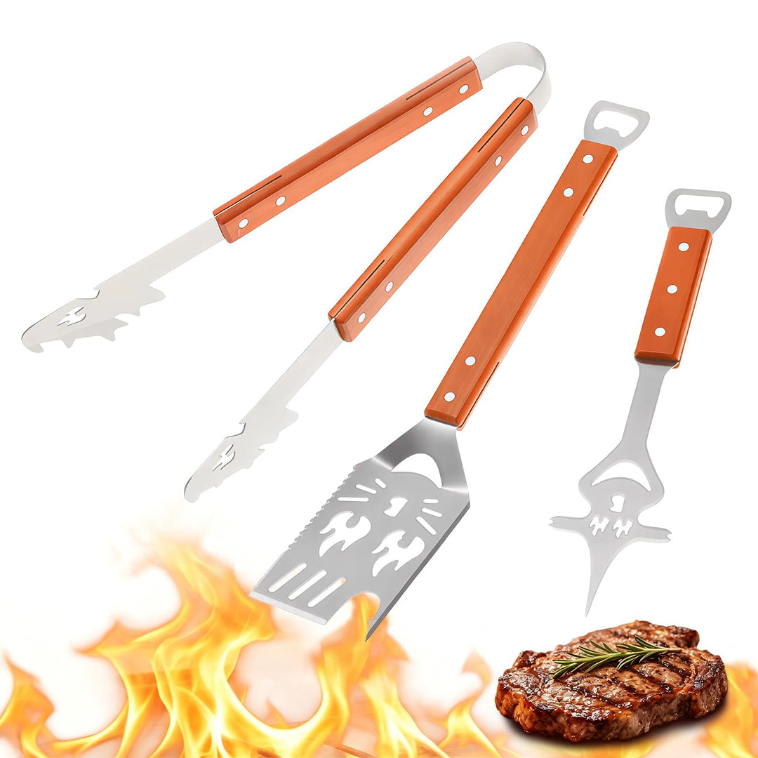 Yoassi BBQ Grillbesteck Set 3-teilig Edelstahl, Grillzubehör mit Grillzange, Grillwender, Fleischgab