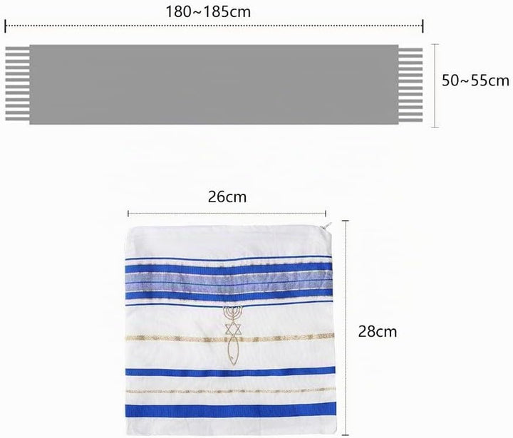 BRTAGG Tallit Gebetsschal, Englisch/Hebräisch mit passender Tasche Blau, 180x55cm, Englisch, Blau, 1
