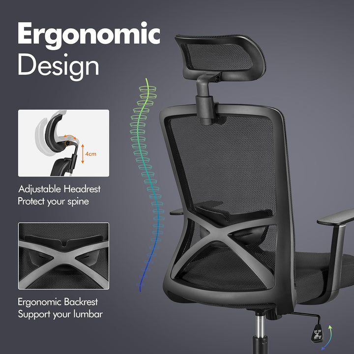 Yaheetech Bürostuhl Ergonomisch Schreibtischstuhl mit Armlehnen und Verstellbarer Kopfstütze, Drehst