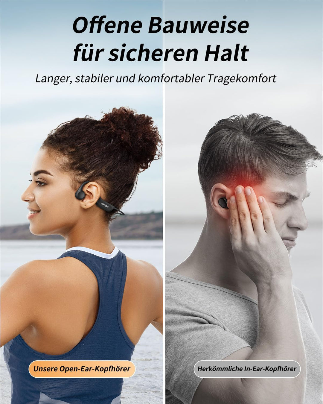 Knochenschall Kopfhörer, Offene Kopfhörer Bluetooth 6.0 Bone Conduction Open Ear Drahtloses Sport He