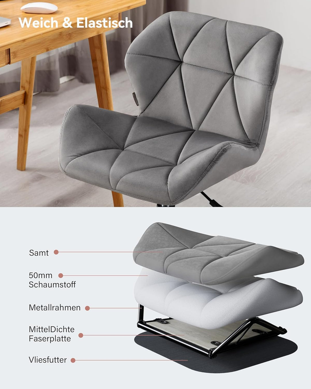 HNNHOME Eris Schreibtischstuhl, moderner, gepolsterter Samt, Drehstuhl, aus Stoff, höhenverstellbar,