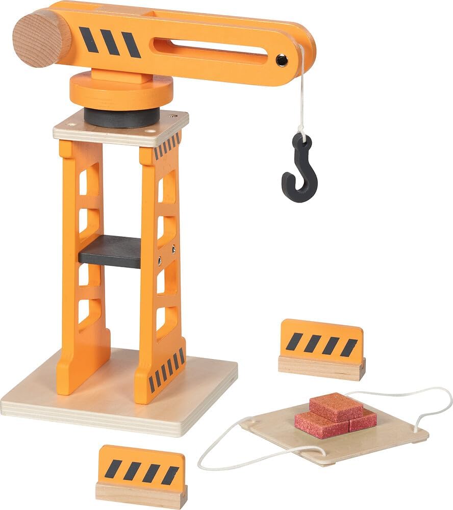 goki 55824 – Drehkran mit Zwei Absperrbarken und Ladeplattform, beweglicher Spielzeug-Baukran aus Ho