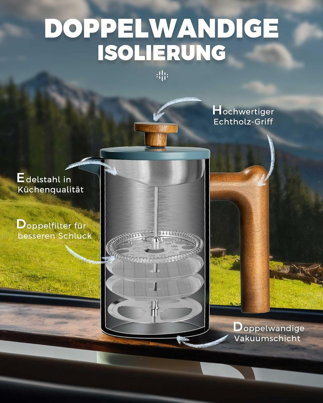 Poliviar French Press Kaffeebereiter 600 ml/21oz, Doppelwandige Isolierte Kaffeekanne und Teebereite
