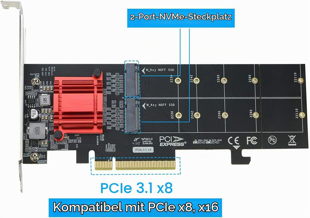 RIITOP Dual M.2 NVMe SSD auf PCIe Express 3.1 x8 x16 Kartenadapter, Unterstützung M-Key M.2 NVMe SSD