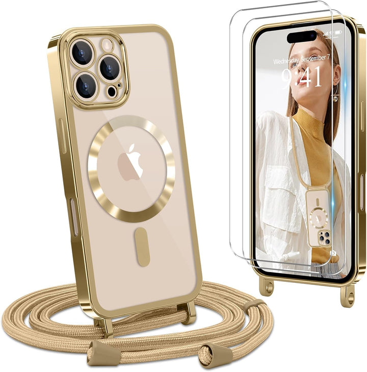 Handyband für iPhone 16 Pro Hülle mit Band + 2 Stück Glas Schutzfolie Transparent Silikon Handyhülle