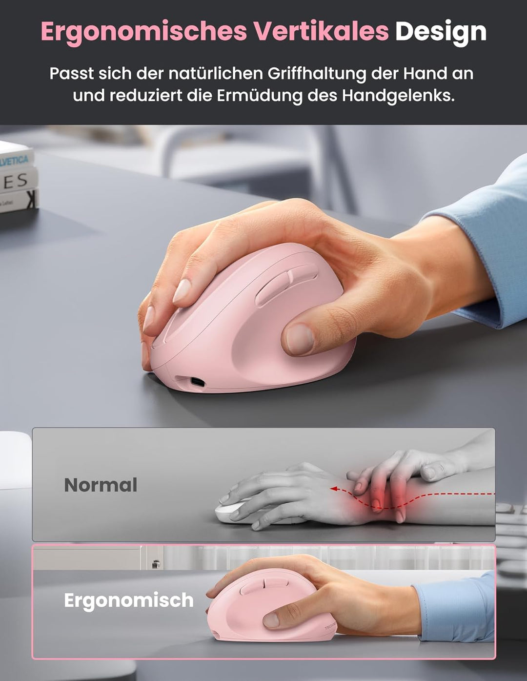 TECKNET Ergonomische Maus Bluetooth, Wiederaufladbar Maus Kabellos mit 3 Gerät (BT 5.0/3.0 + 2.4G),