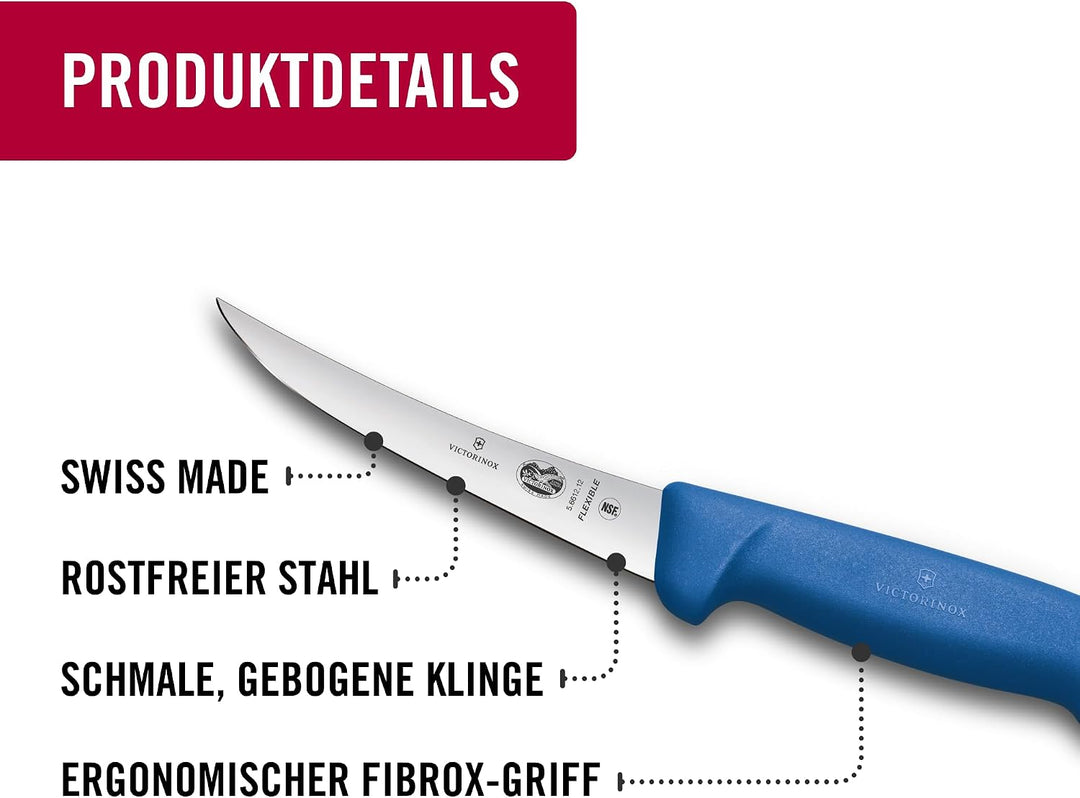 Victorinox Fibrox Ausbeinmesser, Scharfes Küchenmesser für Fleisch und Fisch, 12 cm, Gebogene Klinge