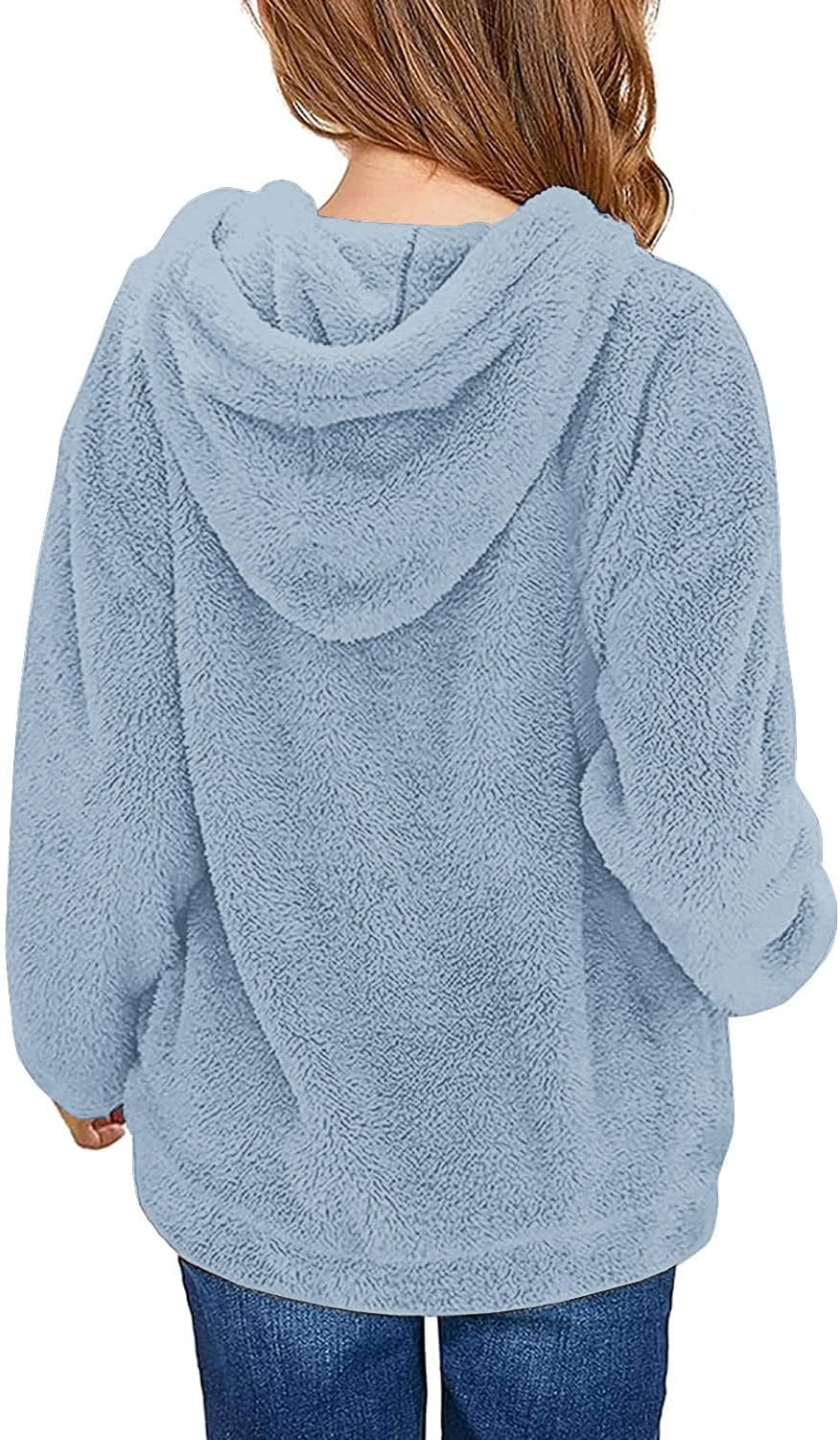 Runcati Pullover Mädchen Kapuzenpullover Fuzzy Teddy Fleece Sweatshirts mit Kapuze Taschen Freizeit