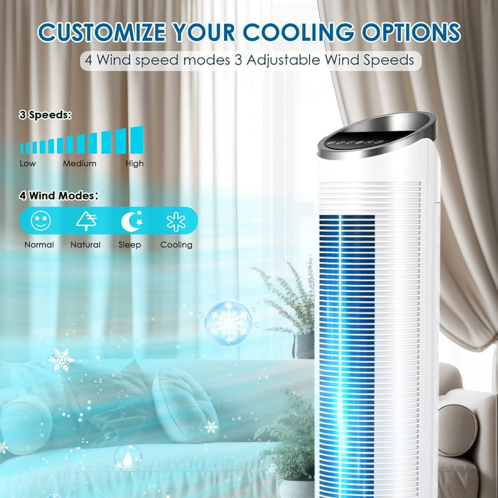 101CM Turmventilator mit Fernbedienung und Wasserkühlung, 52° Oszillation, 8 Stunden Timer Befeuchtu