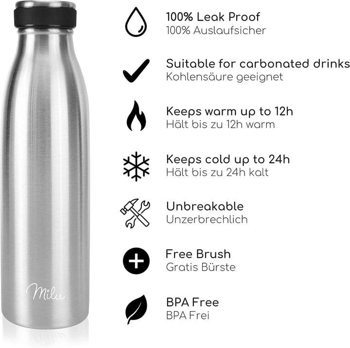 Milu Edelstahl Trinkflasche 500ml 750ml 1L 1,5L – Thermosflasche, Isolierte Wasserflasche, Auslaufsi