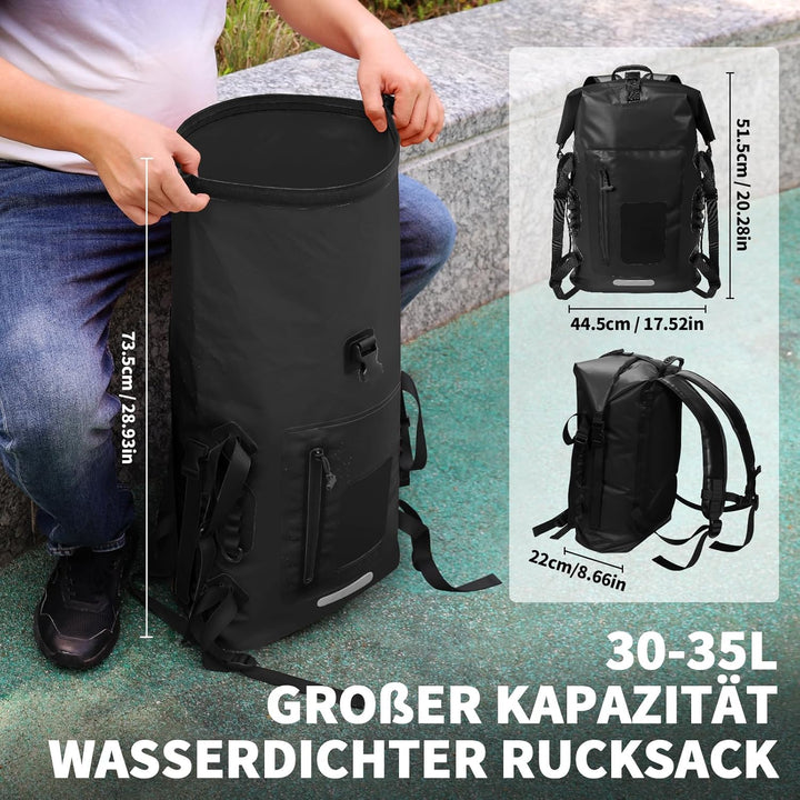 Wasserdichter Rucksack 30-35L, Rolltop Waterproof Backpack Mit Gepolstertem Tragegurt, Wasserdichtem