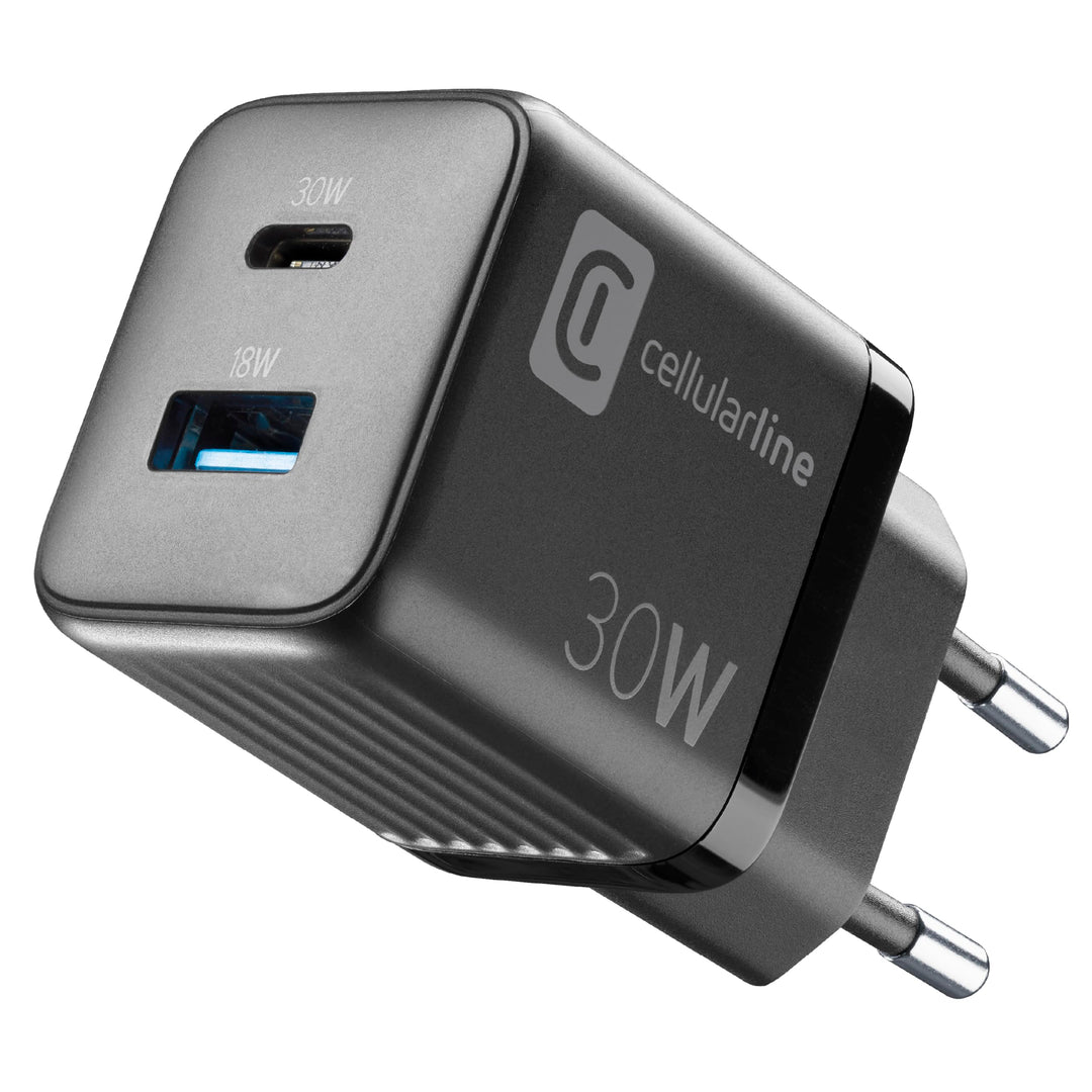 Cellularline | Multipower Micro Netzladegerät | Super Fast Charger 30W mit 2 USB-C-Anschlüssen - aus