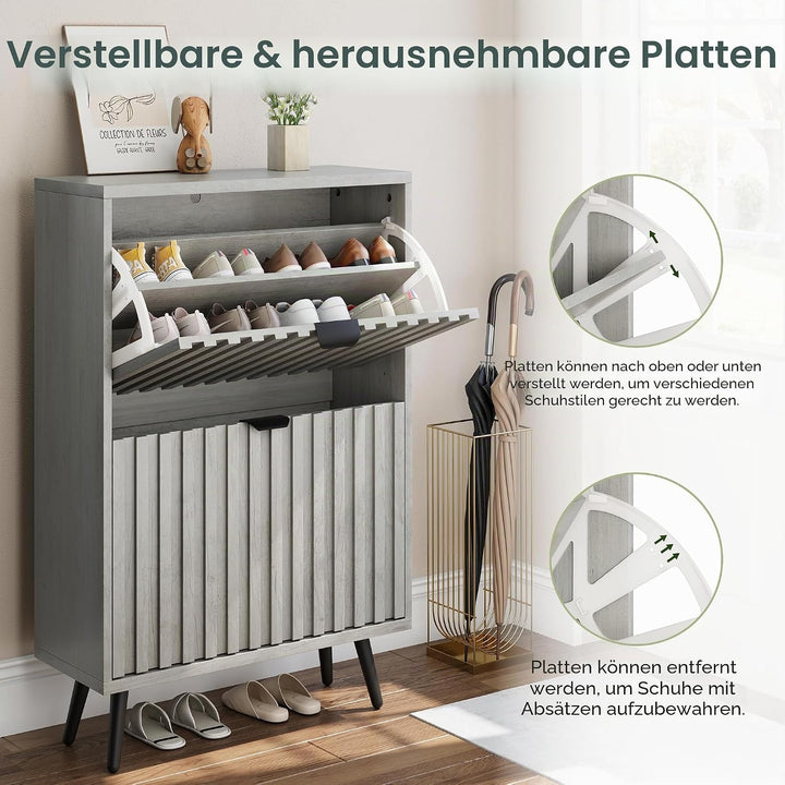 Smuxee Schuhschrank mit 2 Klappfächern, 60 cm Grauer Schuhschrank mit geriffeltem Design, freistehen