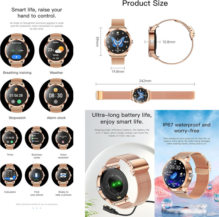 Smartwatch Damen mit Telefonfunktion, 1,09” Fitnessuhr mit 123 Sportmodi, Pulsmesser, Schlafmonitor,