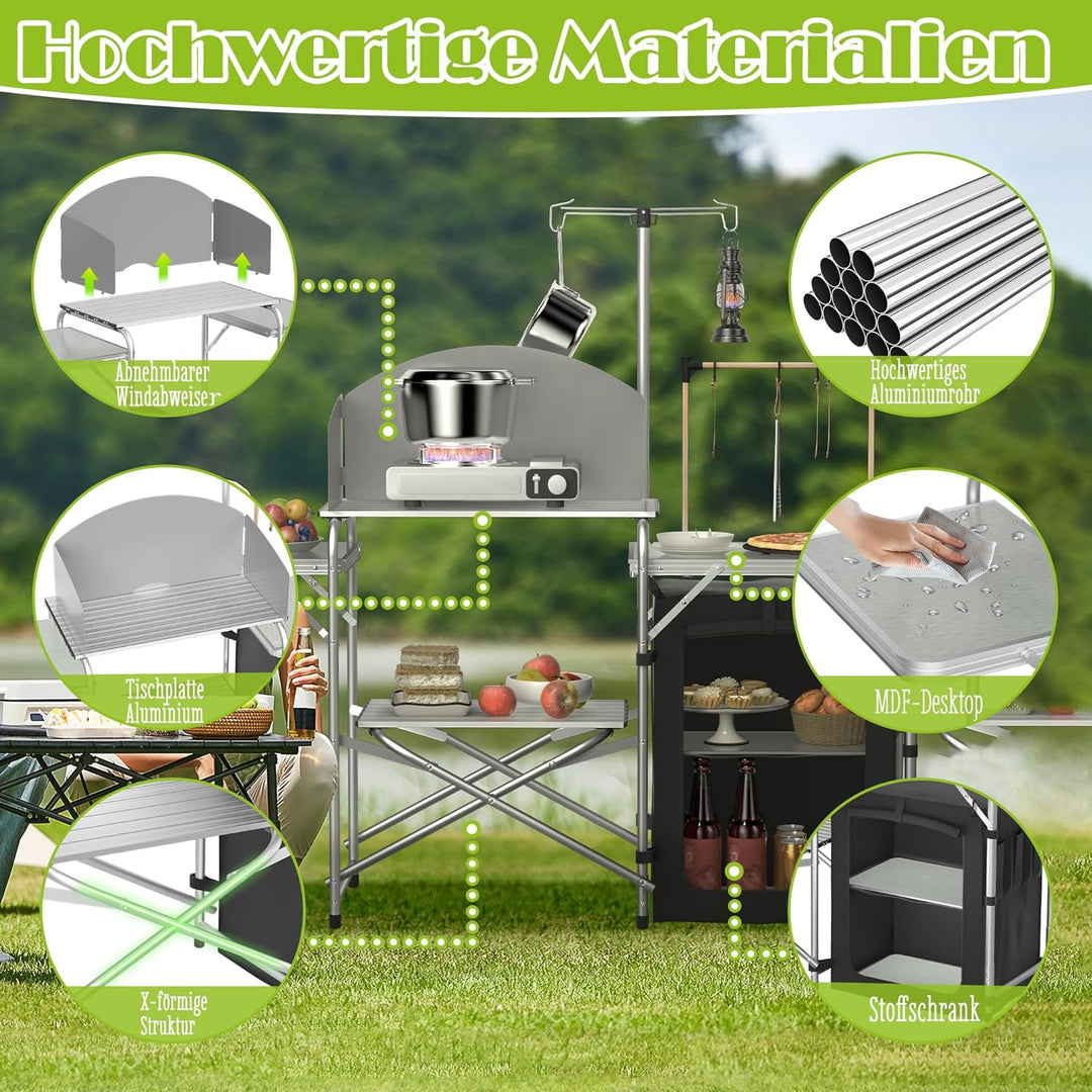 FIVMEN Campingküche Faltbar Camping Küche Campingschrank Aluminium mit 3 Arbeitsplatten, Schränkfach