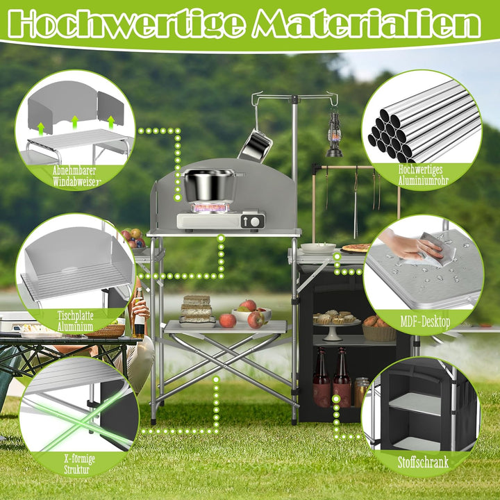 FIVMEN Campingküche Faltbar Camping Küche Campingschrank Aluminium mit 3 Arbeitsplatten, Schränkfach