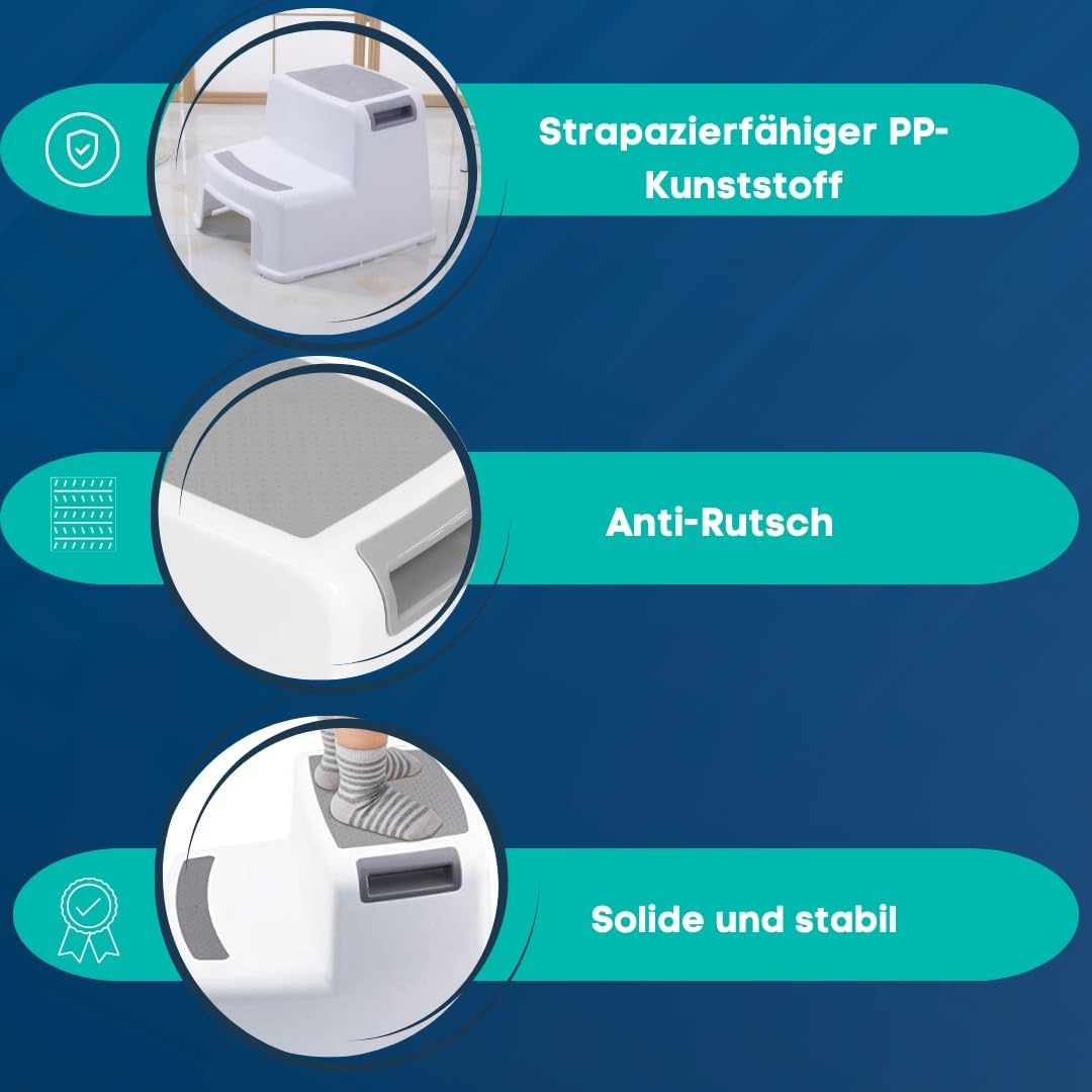 BUDDLEY Tritthocker 2 Stufen - Kinder & Erwachsene - Antirutsch - Küche Badezimmer WC - Kunststoff -