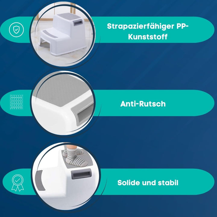 BUDDLEY Tritthocker 2 Stufen - Kinder & Erwachsene - Antirutsch - Küche Badezimmer WC - Kunststoff -