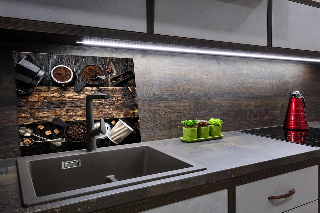 SmartDecoration Herdabdeckplatte Ceranfeldabdeckung aus Glas 60x52 cm Einteilig Motiv "Kaffee" Holzf