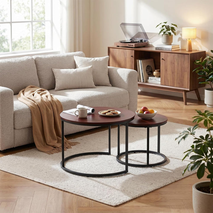 Couchtisch 2er Set, Moderne Couch Tisch mit Schwarz Metallgestell, Couchtisch Eiche, Couchtische Run